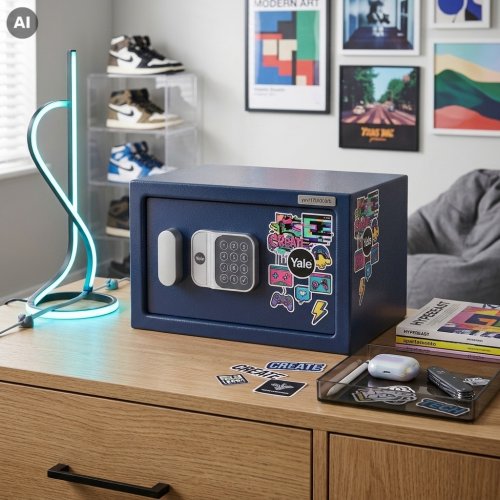 Niebieski mini sejf elektroniczny Yale YSV/170/DB3/B – w pokoju młodzieżowym