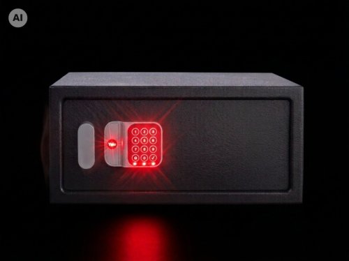 Szeroki sejf elektroniczny na laptopa z alarmem Yale YLC/200/DB3 – widok z włączonym alarmem